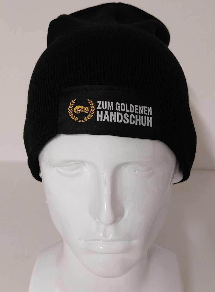 Beanie Mütze, schwarz mit goldenem Loop-Label Zum Goldenen Logo, – Handschuh